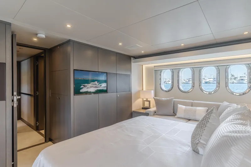 Slide: The Image of Luxurious bedroom interior of 2016 Van der Valk 78 Flybridge Motor Yacht with ocean view. - 50