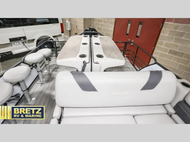 Slide: The Image of Pontoon boat interior with seating and bar stools, L-F DLZ BAR 2024 model. - 18