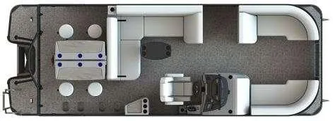 Slide: The Image of 2024 L-F DLZ BAR pontoon boat interior layout with seating and helm. - 2