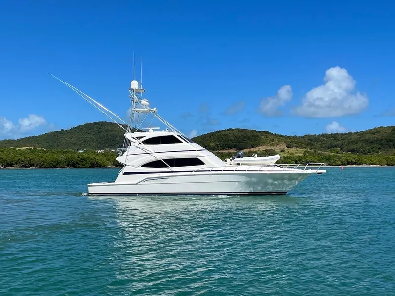 Slide: The Image of 2004 Bertram 670 yacht on clear blue water with scenic hills in the background. - 11