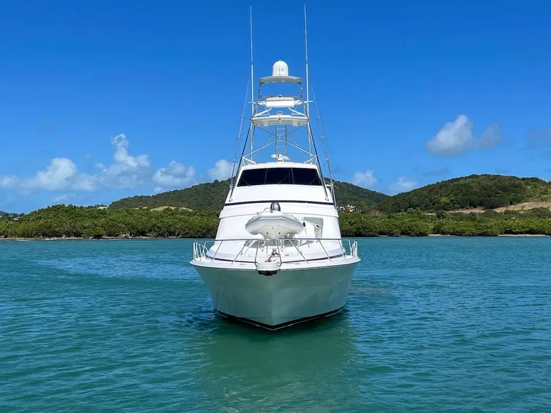 Slide: The Image of Front view of a 2004 Bertram 670 yacht on clear blue water. - 16