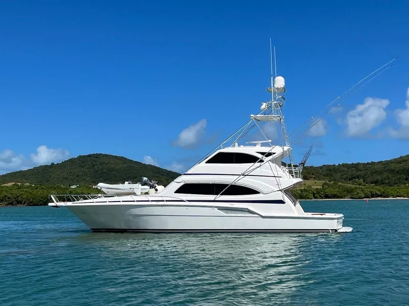 Slide: The Image of 2004 Bertram 670 yacht on calm waters with scenic background. - 2