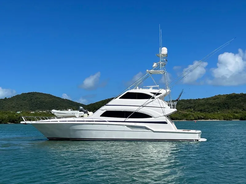 Slide: The Image of 2004 Bertram 670 yacht on clear blue water with lush green hills in the background. - 3