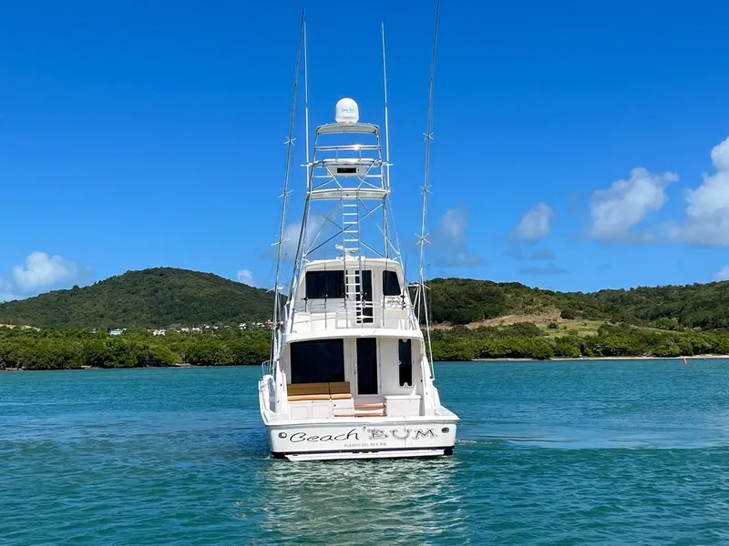 Slide: The Image of Bertram 670 boat (2004) on clear blue water with scenic island background. - 6