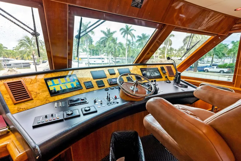 Slide: The Image of Monte Fino 82 yacht helm, 1999 model, featuring luxurious controls and panoramic windows. - 10