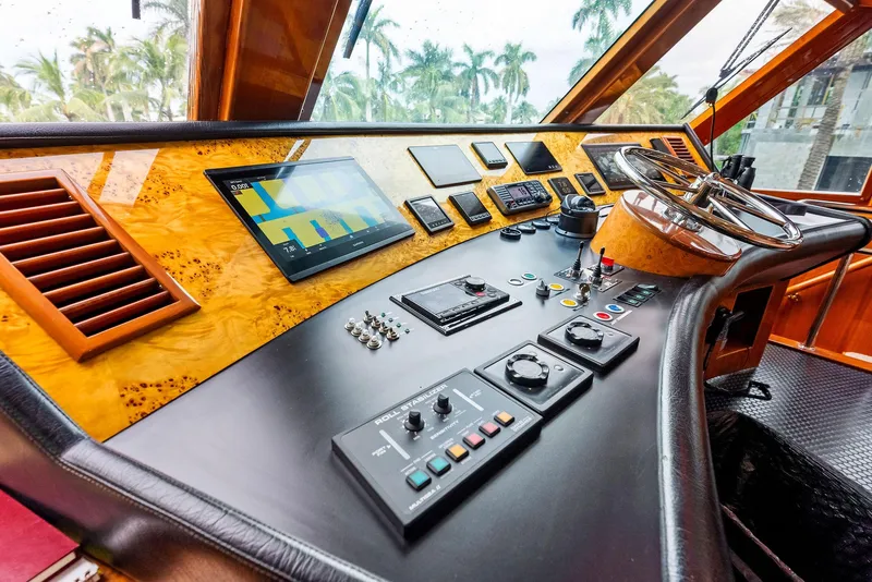 Slide: The Image of Monte Fino 82 yacht helm, 1999 model, featuring advanced navigation controls and luxurious wood finish. - 11