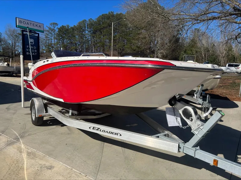 Slide: The Image of 2019 Glastron GT 200 boat with Mercury outboard motor on trailer. - 1