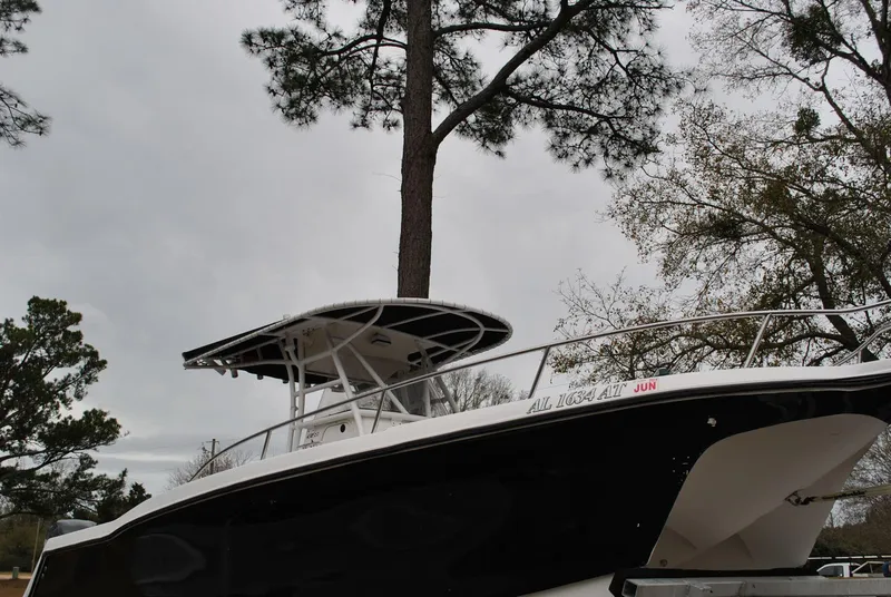 Slide: The Image of 2001 ProKat 2800KAT boat with T-top, docked near trees under cloudy sky. - 28
