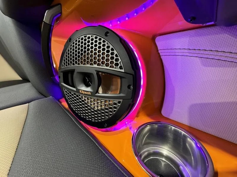 Slide: The Image of 2024 MasterCraft XStar S boat interior with Klipsch speaker and LED lighting. - 16