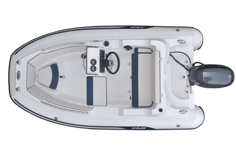 Slide: The Image of 2024 AB Inflatables 11 DLX boat, top view, white with blue seating, outboard motor. - 2