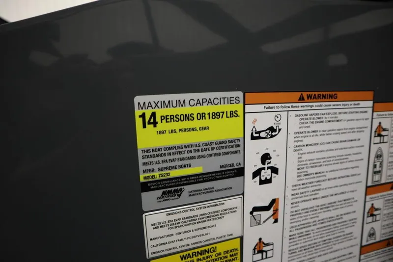 Slide: The Image of 2024 Supreme ZS232 boat capacity label, maximum 14 persons or 1897 lbs. - 34