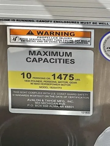 Slide: The Image of 2024 Avalon VTX 19 Cruise boat capacity label: 10 persons or 1475 lbs, 90 max horsepower motor. - 27