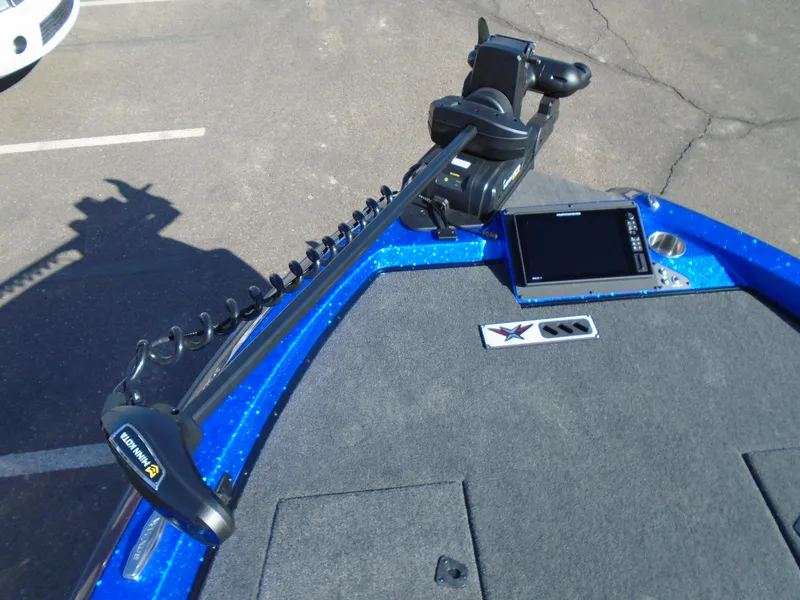 Slide: The Image of 2024 Vexus DVX20S boat deck with trolling motor and fish finder. - 21