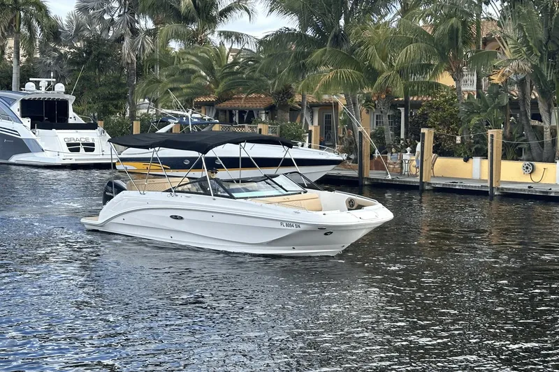 Slide: The Image of 2019 Sea Ray SDX 250 Outboard boat cruising on a scenic waterway with palm trees. - 5