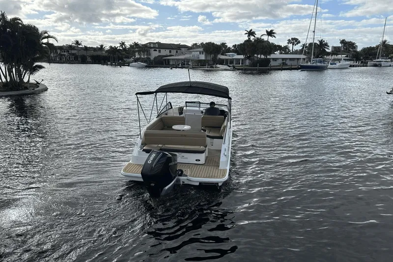 Slide: The Image of 2019 Sea Ray SDX 250 Outboard cruising on a scenic waterway with palm trees. - 6