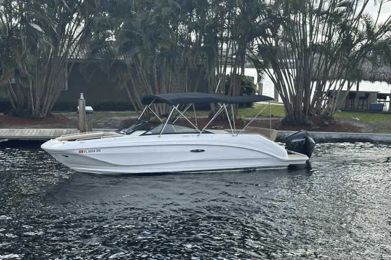 Slide: The Image of 2019 Sea Ray SDX 250 Outboard boat docked by palm trees. - 7