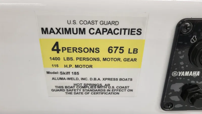 Slide: The Image of Capacity label for 2025 Xpress Skiff 185 with Yamaha Vmax 115 SHO motor. - 20