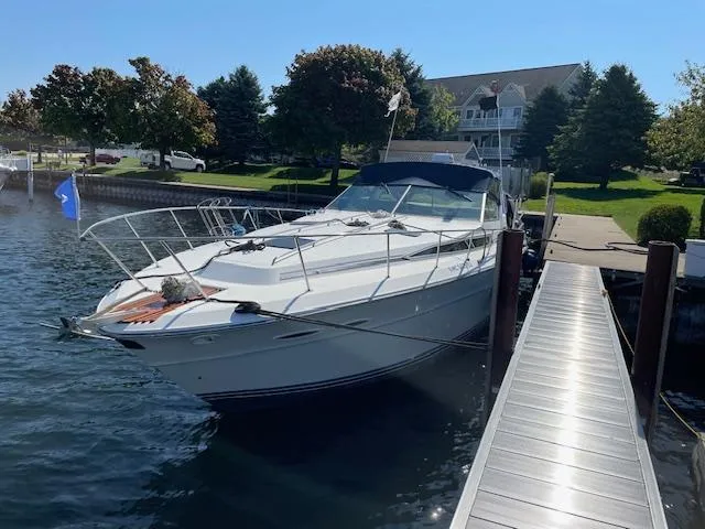 The Image of 1989 Sea Ray 390 Express Cruiser docked at a marina. - 0