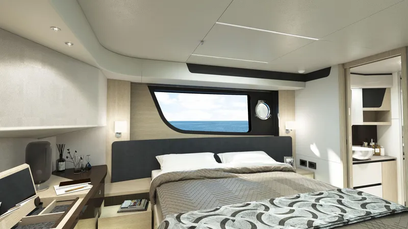 Slide: The Image of Luxurious master bedroom in the 2024 Absolute 48 Coupe yacht with modern decor. - 13