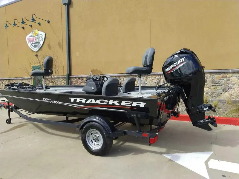Slide: The Image of 2024 Tracker Pro 170 fishing boat with Mercury outboard motor. - 2