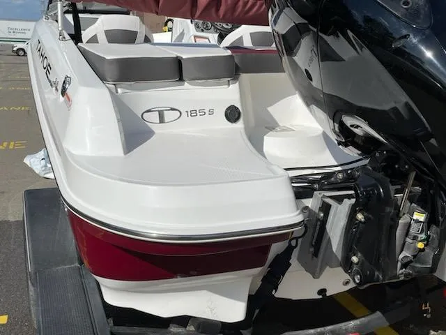 Slide: The Image of 2024 Tahoe 185 S boat rear view with outboard motor. - 2