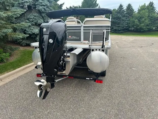 Slide: The Image of 2023 Sun Tracker Party Barge 22 XP3 pontoon boat with outboard motor on a trailer. - 5