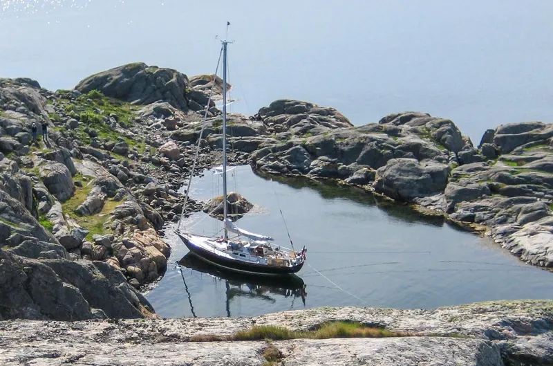 Slide: The Image of Hinckley Sou'wester 42 MKII 1996 sailboat named "Golden Eye" in a boatyard. - 48