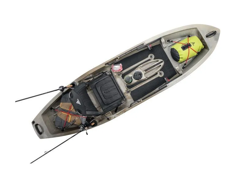 Slide: The Image of 2023 Ascend 10T Sit-On kayak with gear, fishing rods, and storage. - 11