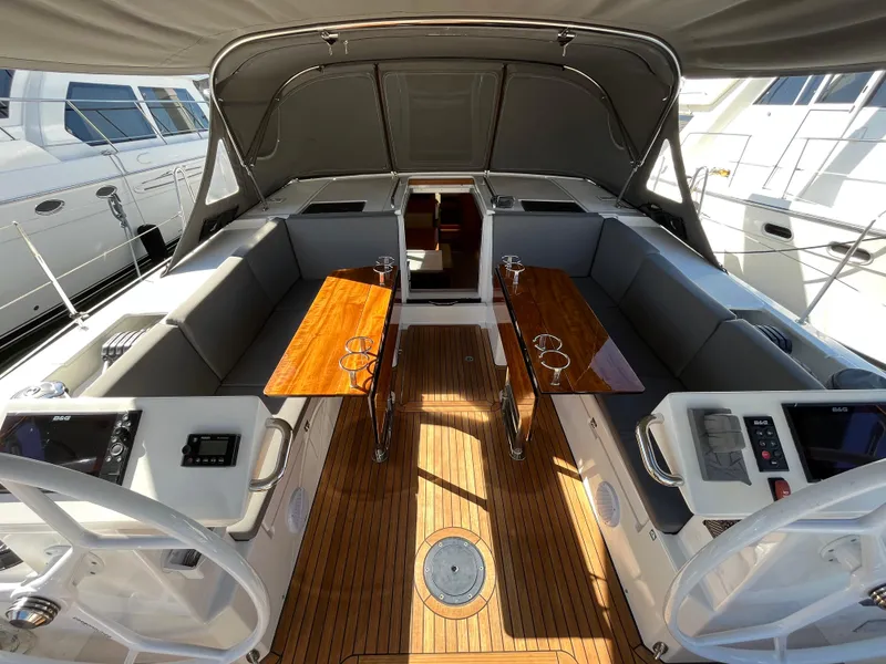 Slide: The Image of 2021 Bavaria C45 yacht cockpit with twin tables and seating. - 27