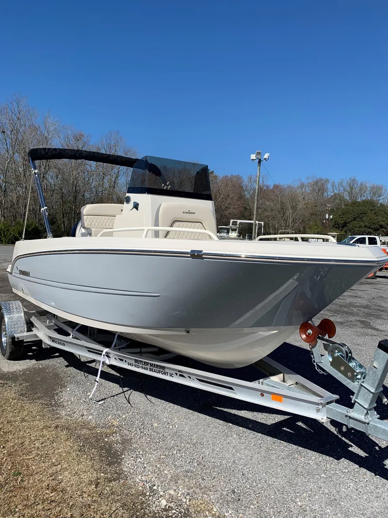 Slide: The Image of 2024 Stingray 173 CC boat on trailer under clear blue sky. - 6