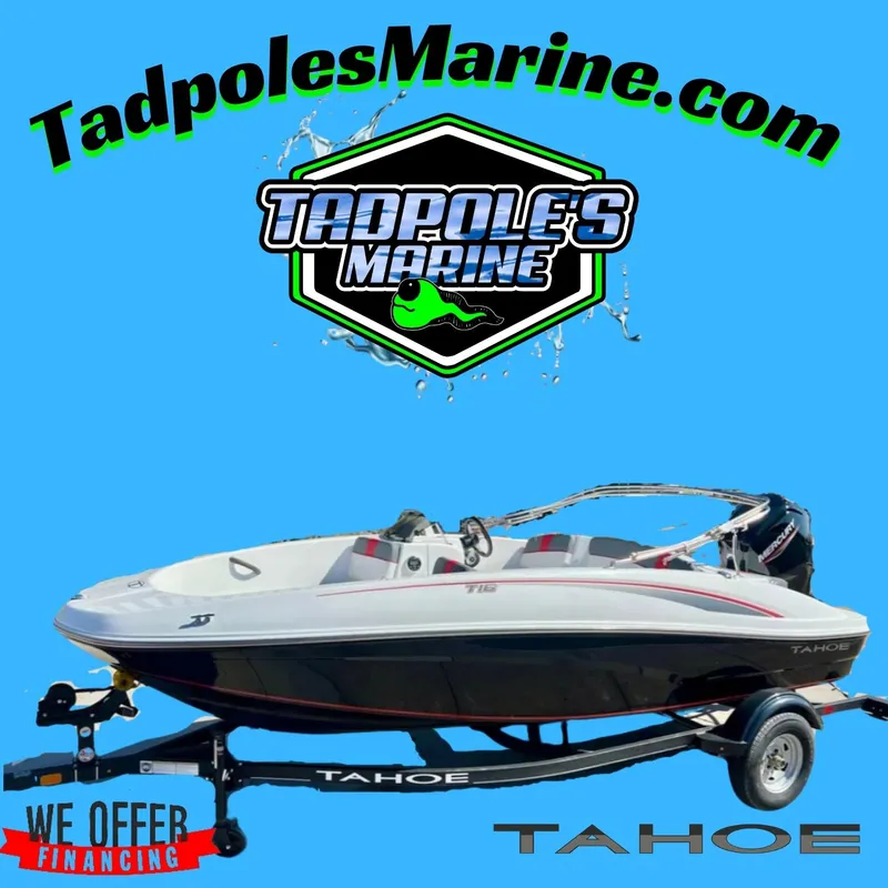 Slide: The Image of 2024 Tahoe T16 boat on trailer, Tadpoles Marine logo, financing available. - 2