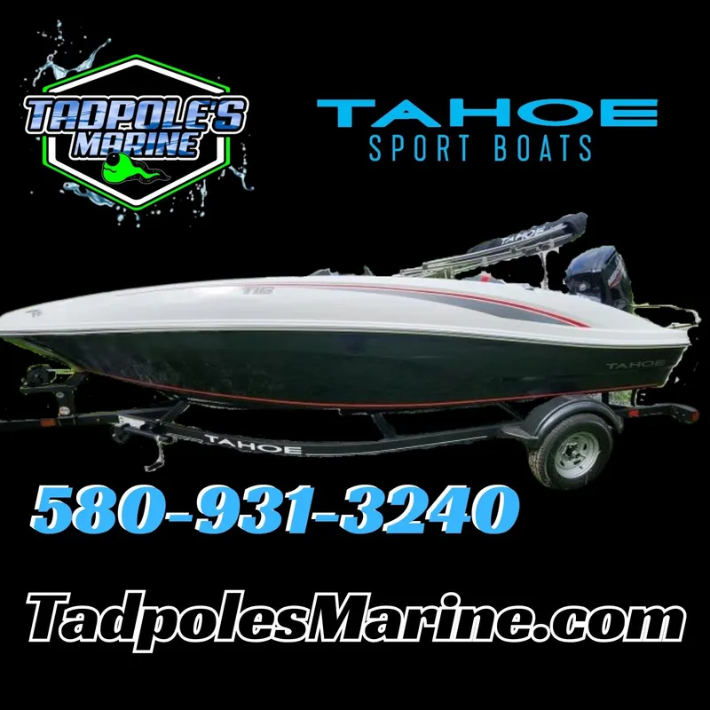 Slide: The Image of 2024 Tahoe T16 sport boat at Tadpole's Marine with contact info. - 3