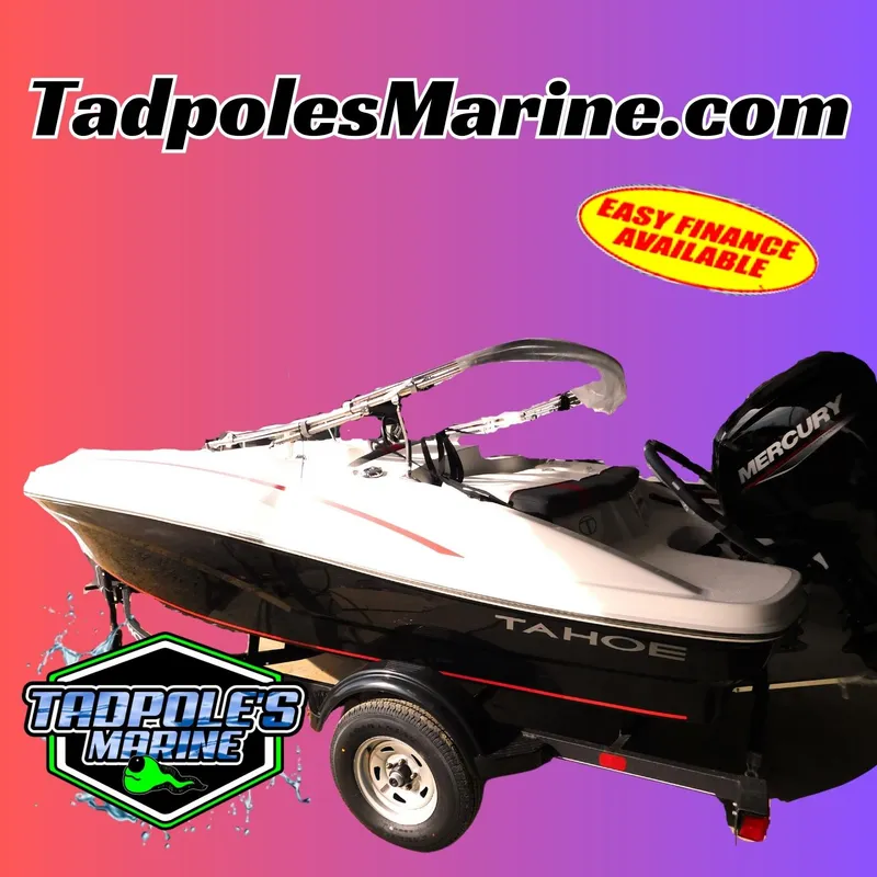 Slide: The Image of 2024 Tahoe T16 boat with Mercury engine, Tadpoles Marine logo, easy financing available. - 4