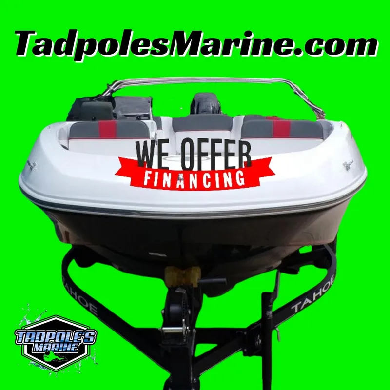 Slide: The Image of 2024 Tahoe T16 boat with financing offer, TadpolesMarine.com branding. - 6