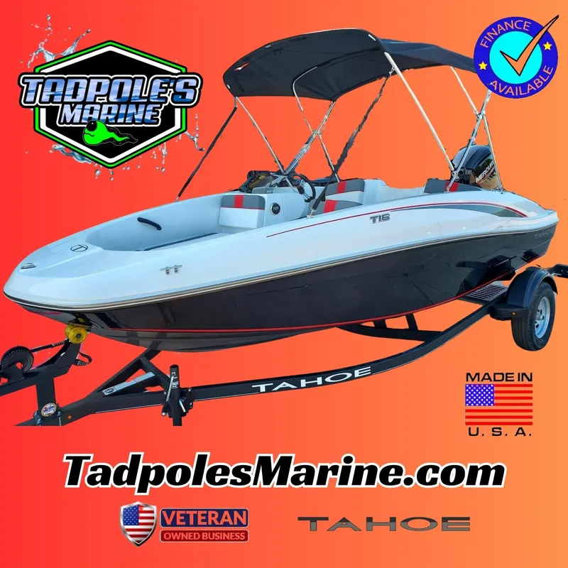 Slide: The Image of 2024 Tahoe T16 boat with canopy, Tadpoles Marine logo, financing available, veteran-owned business. - 8