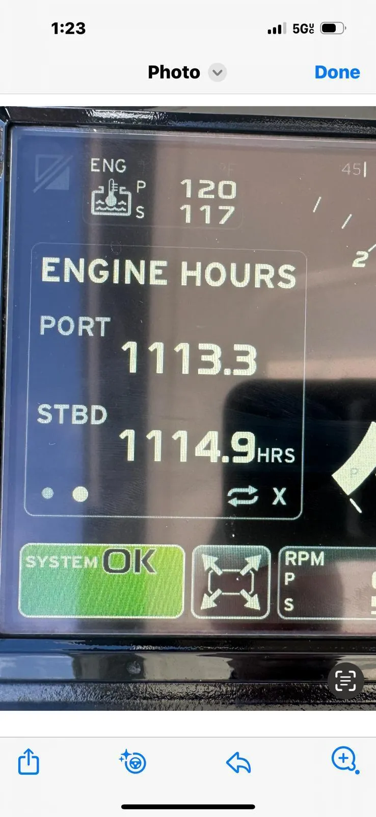 Slide: The Image of Engine hours display on 2016 Ferretti Yachts 550 showing 1113.3 port and 1114.9 starboard. - 23
