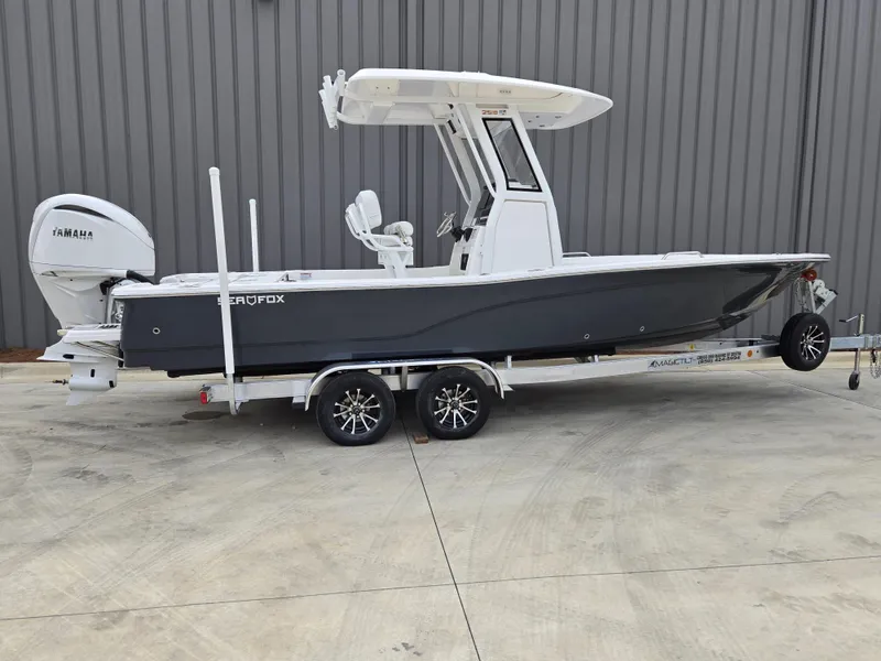 Slide: The Image of 2024 Sea Fox 251 Bay Fox boat on a trailer with Yamaha outboard motor. - 3