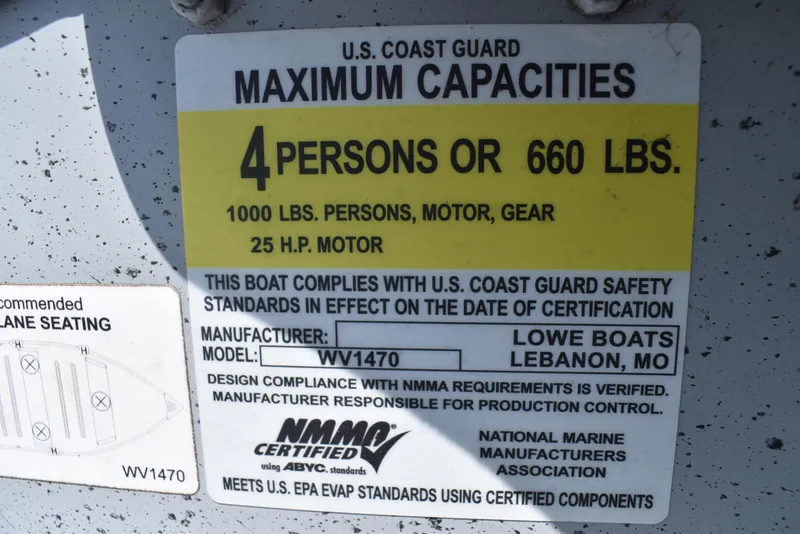 Slide: The Image of 2024 Lowe WV 1470 boat capacity label: 4 persons, 660 lbs, 25 HP motor. - 13