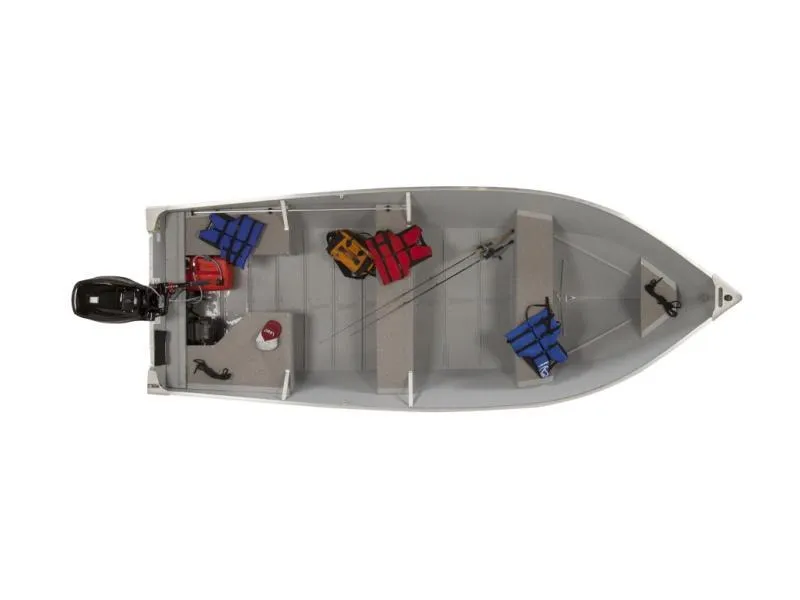 Slide: The Image of 2024 Lowe WV 1670 fishing boat with life jackets and motor, top view. - 11