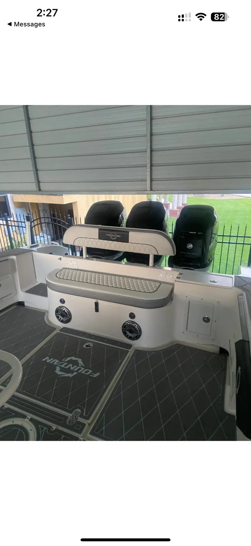 Slide: The Image of 2007 Fountain 38 CC Tournament Edition boat interior with triple outboard engines. - 7