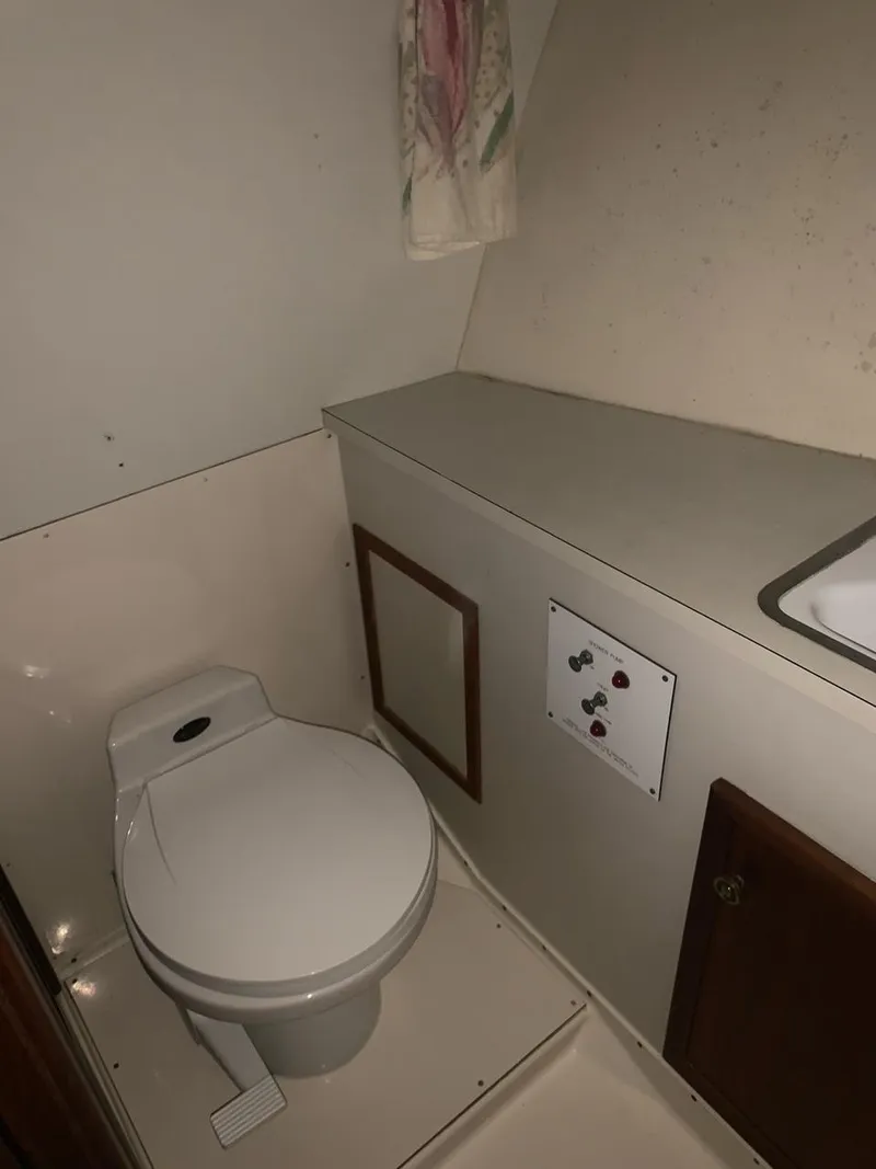 Slide: The Image of 1974 Hatteras 46 Convertible yacht bathroom with toilet and sink. - 11