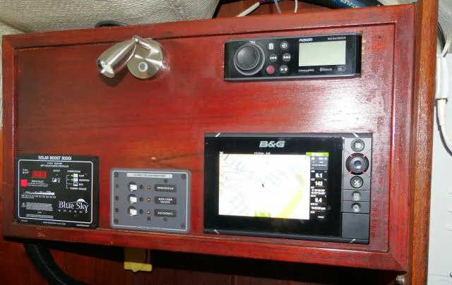 Slide: The Image of Control panel of a 1976 Choate Custom 38 sailboat with navigation and solar equipment. - 20