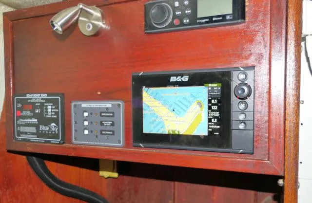 Slide: The Image of Navigation equipment on 1976 Choate Custom 38 sailboat, featuring B&G display and control panels. - 21