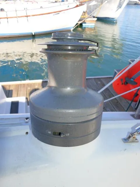 Slide: The Image of Sailboat winch on 1976 Choate Custom 38, docked in marina. - 39