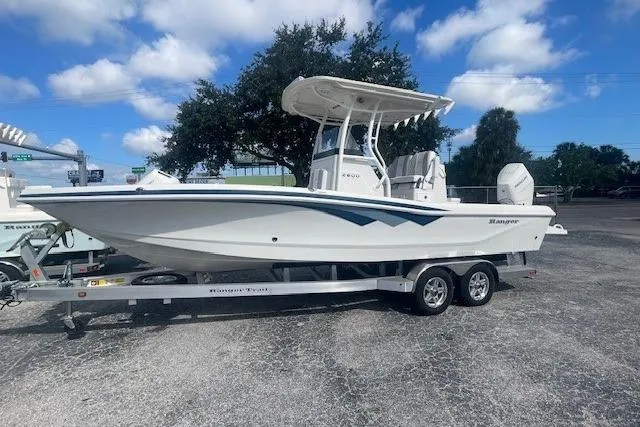 The Image of 2024 Ranger 2600 Bay boat on trailer under blue sky with clouds. - 0