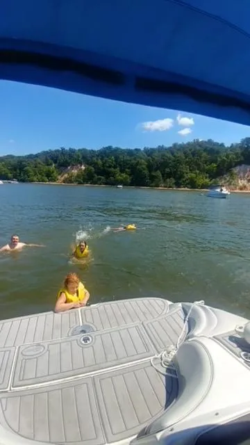 Slide: The Image of People swimming near a 2006 Yamaha SX 230 boat on a sunny lake day. - 37