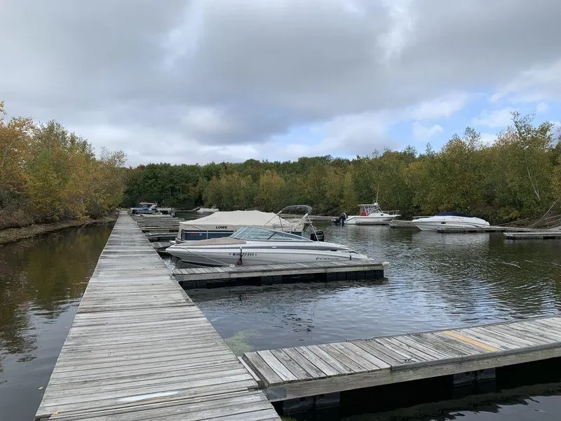 Slide: The Image of 2020 Crownline 215 SS boat docked at a serene marina with surrounding trees. - 10