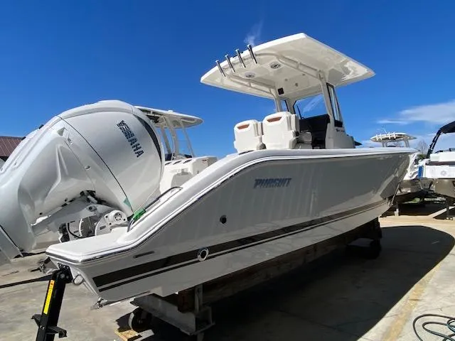 Slide: The Image of 2024 Pursuit S 268 boat with Yamaha engines on display. - 5