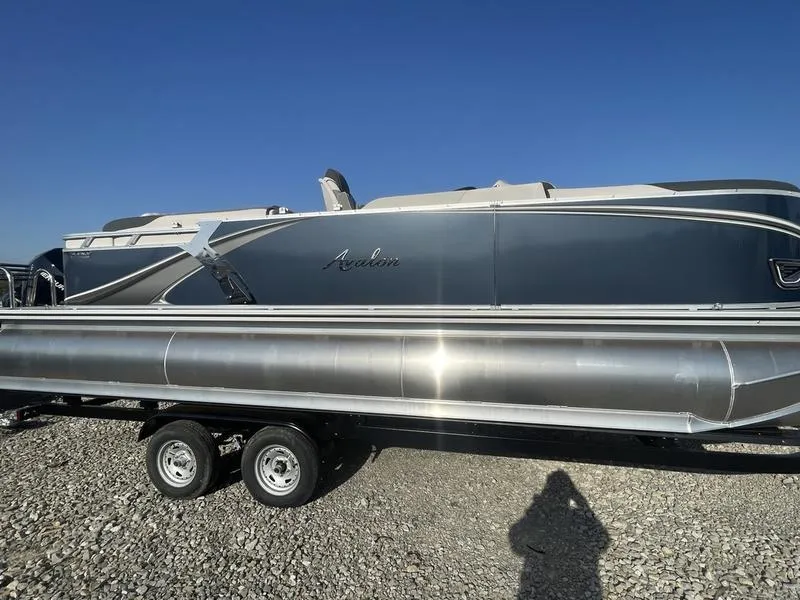 Slide: The Image of 2024 Avalon LSZ QL pontoon boat on a trailer under clear blue sky. - 2