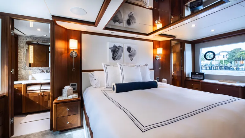 Slide: The Image of Luxurious bedroom interior of 2018 Ocean Alexander 85 E yacht with elegant decor and ensuite bathroom. - 15